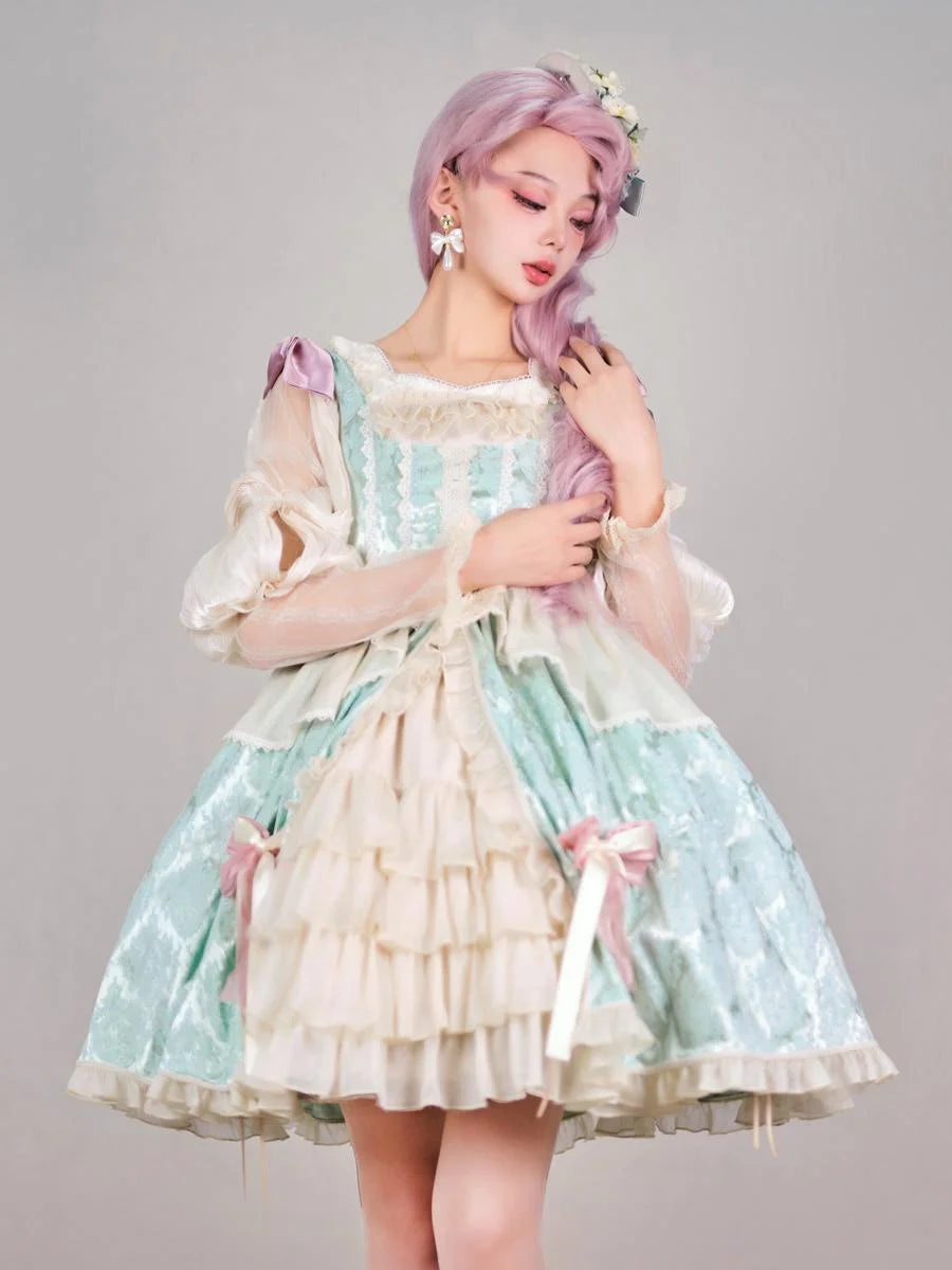 Sweet Lolita Mint Green Sleeveless Jacquard Cake Dress with Bow