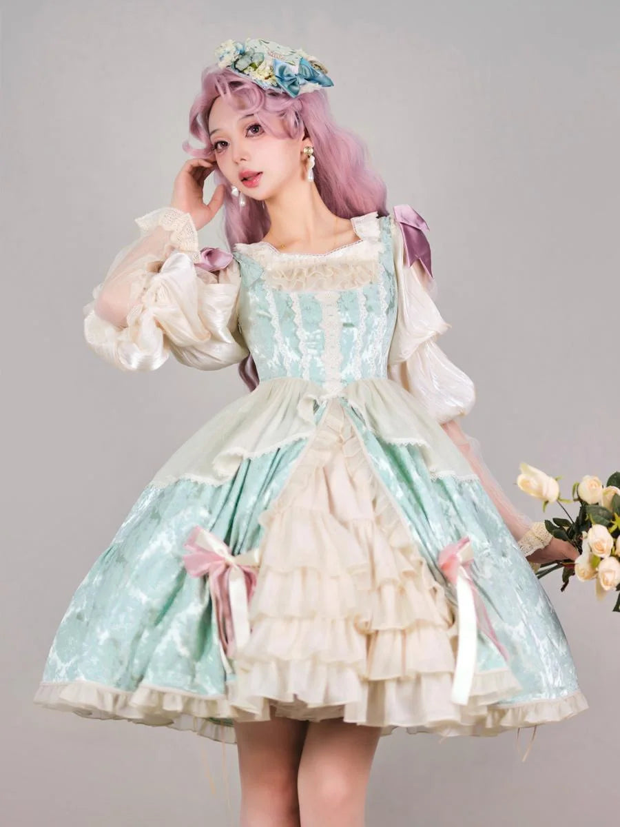 Sweet Lolita Mint Green Sleeveless Jacquard Cake Dress with Bow