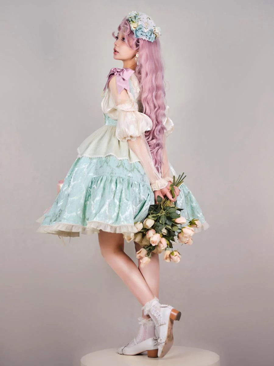 Sweet Lolita Mint Green Sleeveless Jacquard Cake Dress with Bow