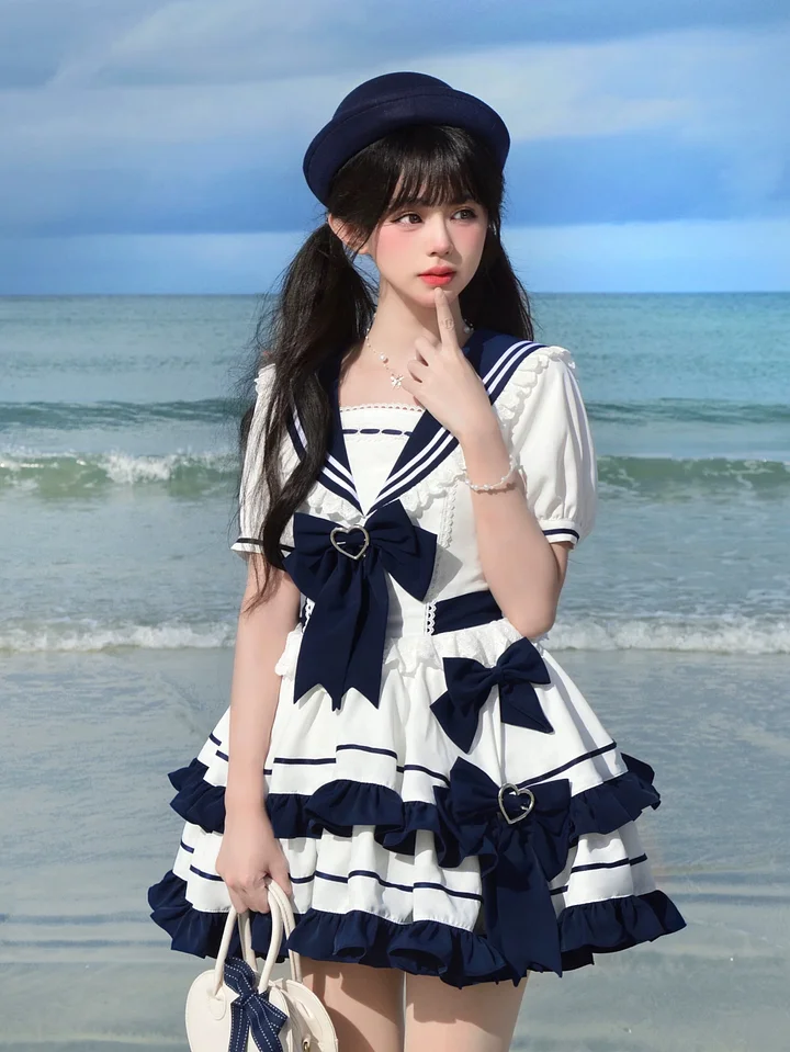Sailor Lolita Navy Blue Black Aqua Cake Dress Bow Ruffles Japanese Kawaii for Summer