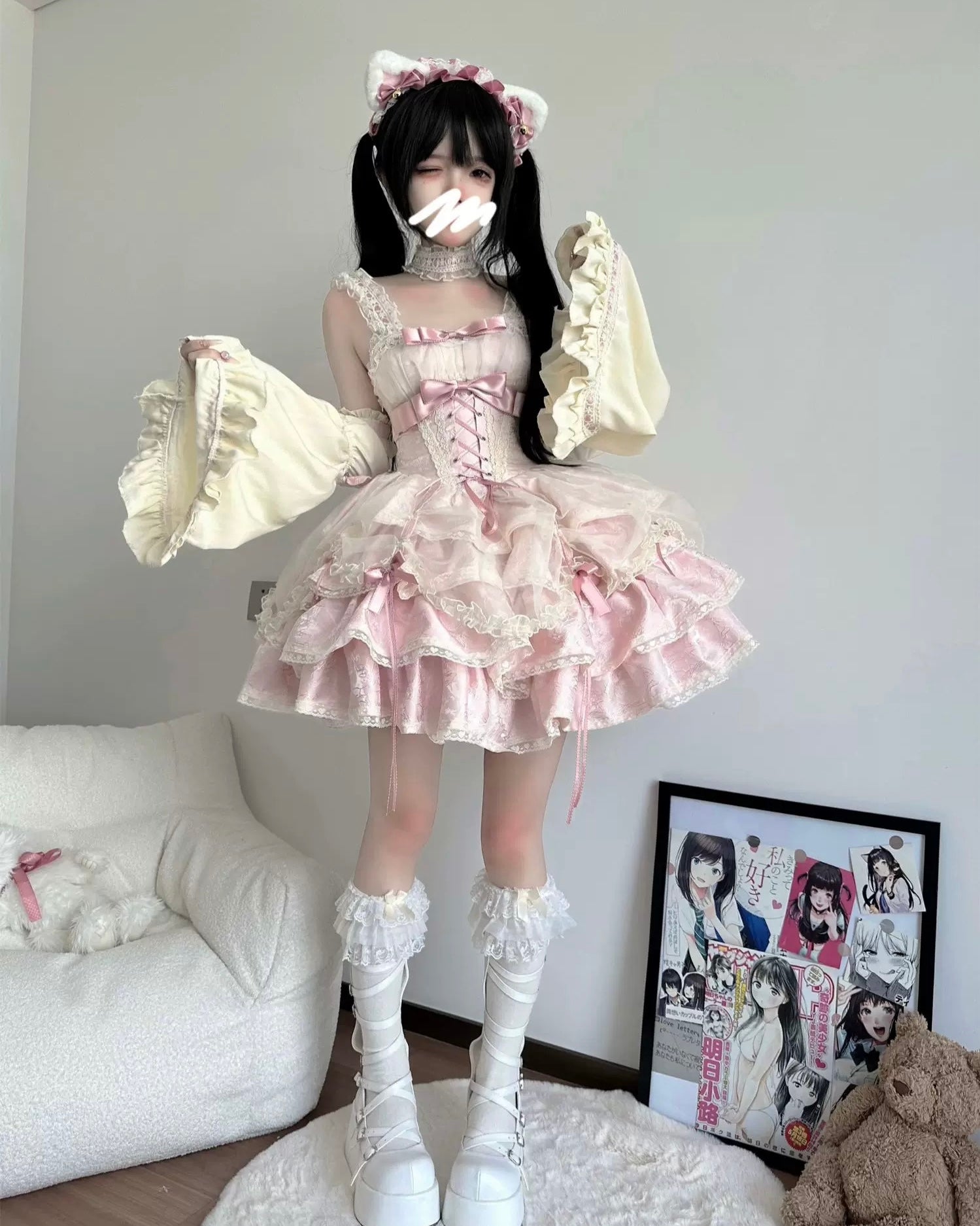 Sweet Lolita Pink Red Ballet Style Outfit Princess Dress Girl Bow Ball Gown Cake Dress