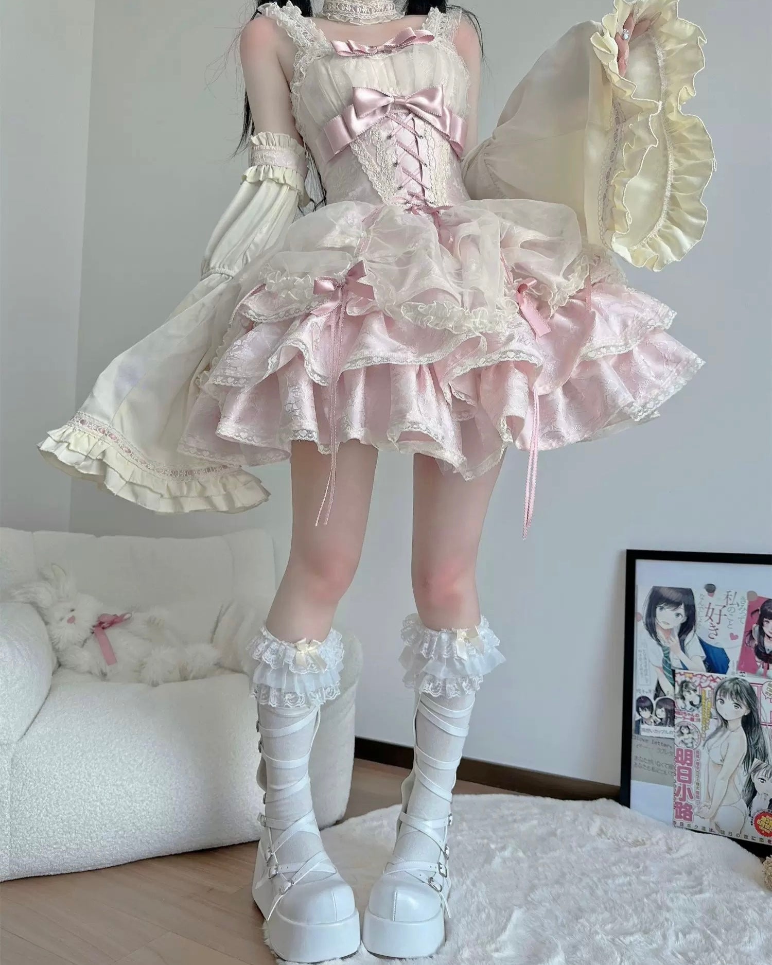 Sweet Lolita Pink Red Ballet Style Outfit Princess Dress Girl Bow Ball Gown Cake Dress