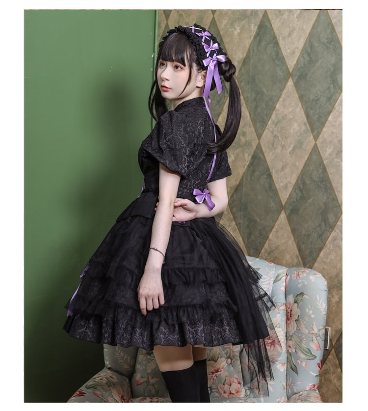 Sweet Lolita Bow Pink Black Short Sleeve Ruffles Cute Princess Dress
