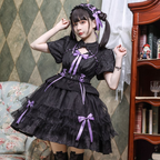 Sweet Lolita Bow Pink Black Short Sleeve Ruffles Cute Princess Dress