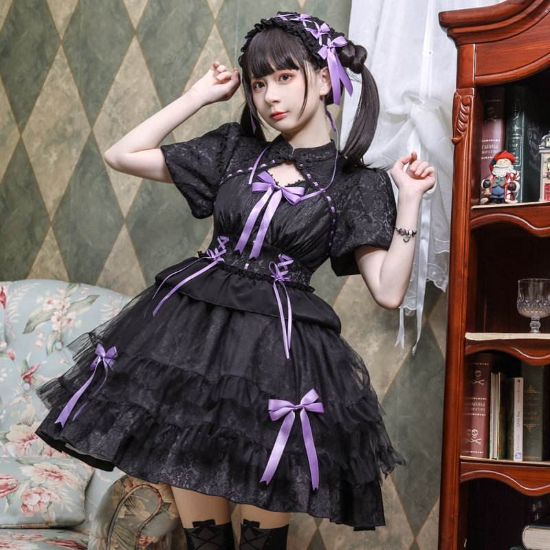 Sweet Lolita Bow Pink Black Short Sleeve Ruffles Cute Princess Dress