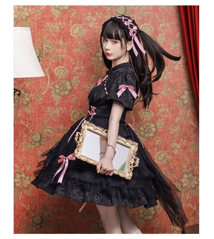 Sweet Lolita Bow Pink Black Short Sleeve Ruffles Cute Princess Dress
