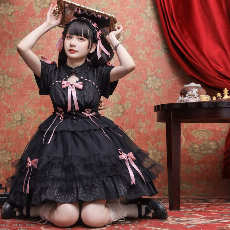 Sweet Lolita Bow Pink Black Short Sleeve Ruffles Cute Princess Dress
