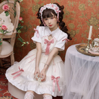 Sweet Lolita Bow Pink Black Short Sleeve Ruffles Cute Princess Dress