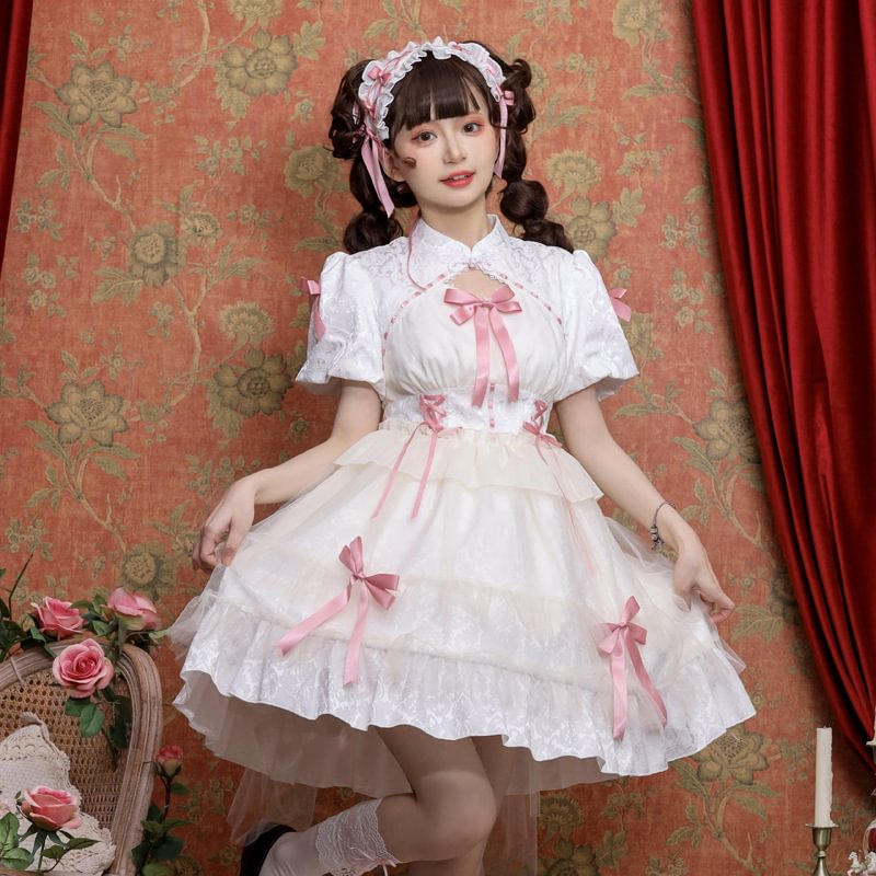 Sweet Lolita Bow Pink Black Short Sleeve Ruffles Cute Princess Dress
