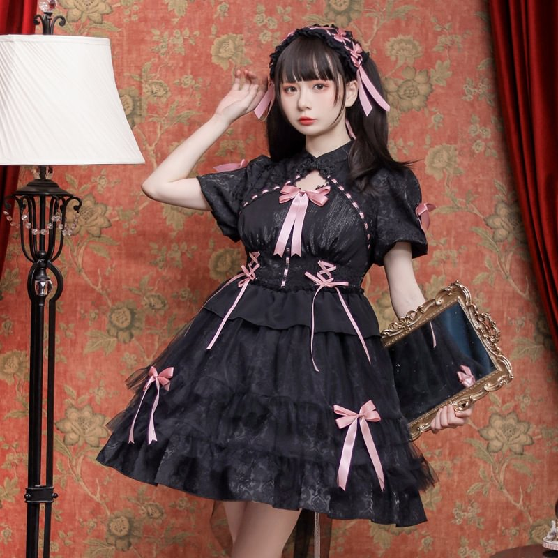 Sweet Lolita Bow Pink Black Short Sleeve Ruffles Cute Princess Dress