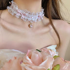 Sweet Bowknot Lace Choker Love Heart Necklace Lolita Accessories