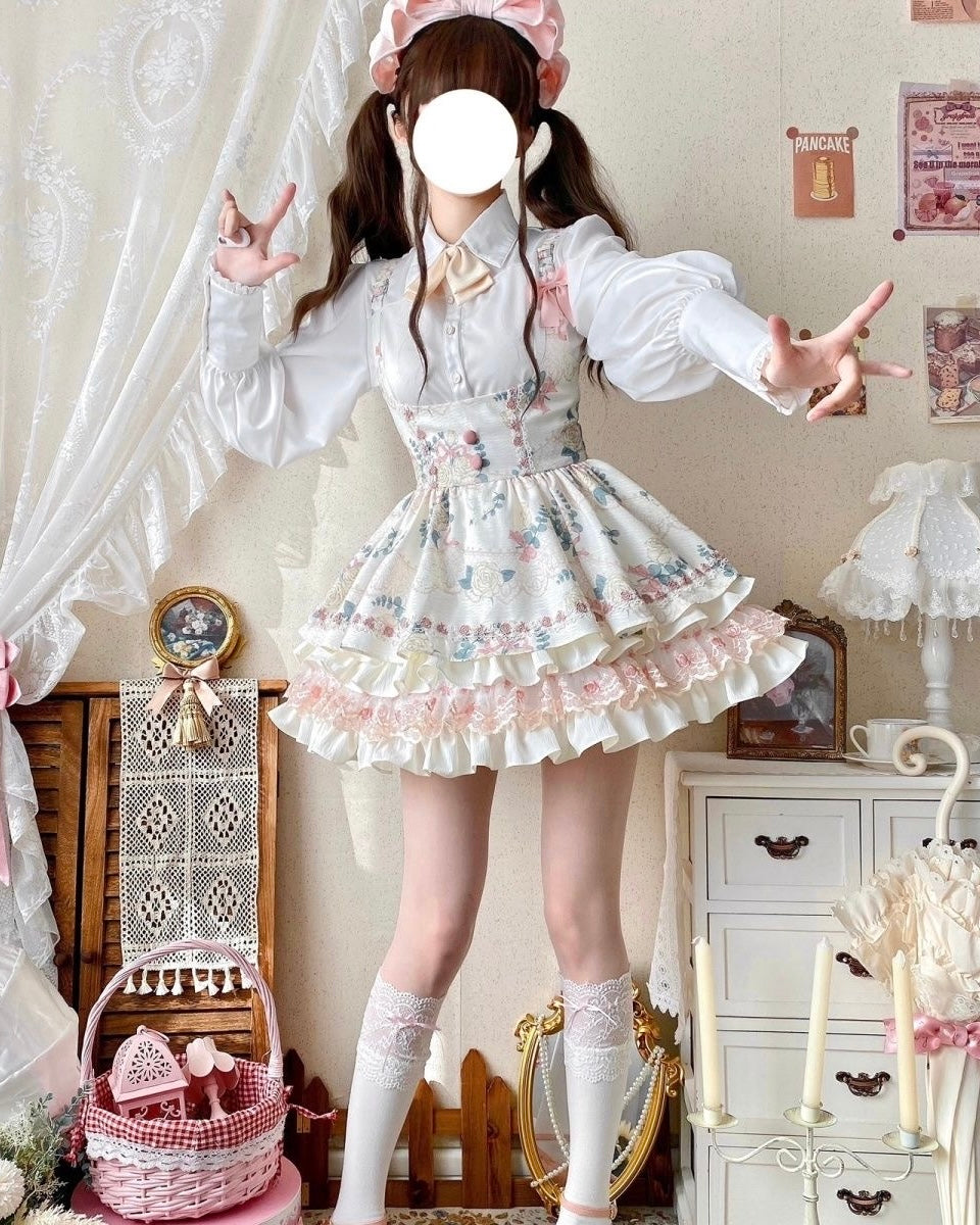 Sweet Lolita Apricot Cream Cake Printed Flower Ruffle Tutu Strappy Short Skirt