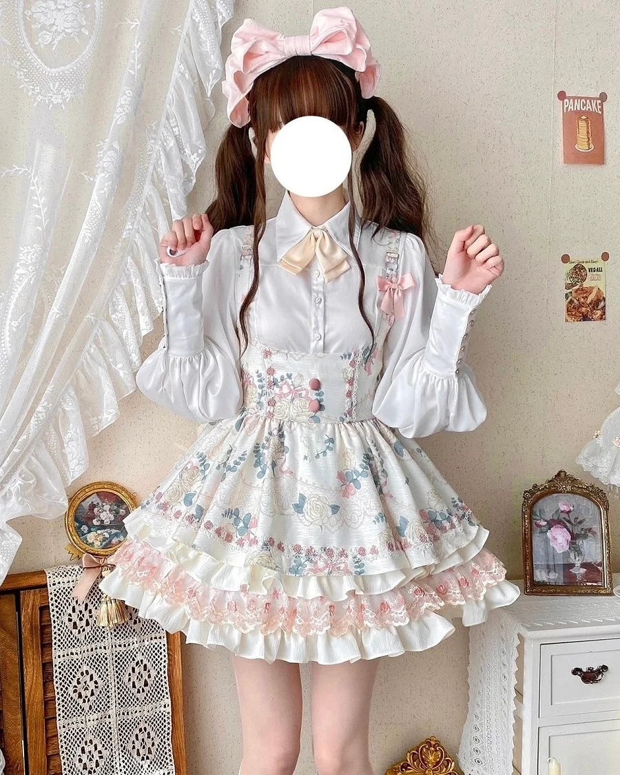 Sweet Lolita Apricot Cream Cake Printed Flower Ruffle Tutu Strappy Short Skirt