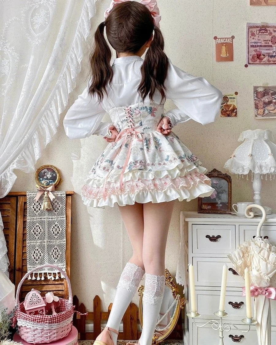 Sweet Lolita Apricot Cream Cake Printed Flower Ruffle Tutu Strappy Short Skirt