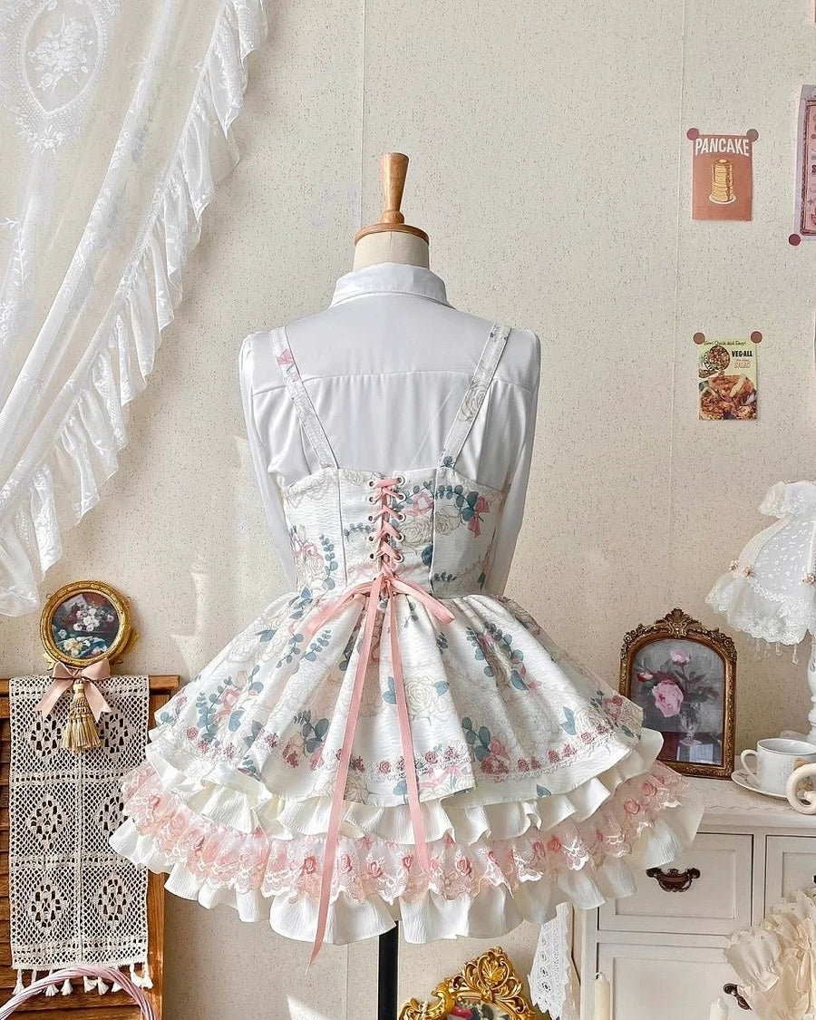 Sweet Lolita Apricot Cream Cake Printed Flower Ruffle Tutu Strappy Short Skirt