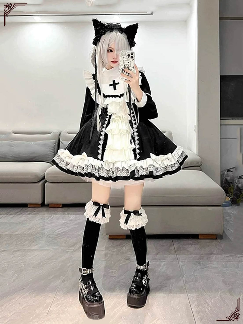 Gothic Lolita OP Dress Black and White Mini Dress Maid Outfit
