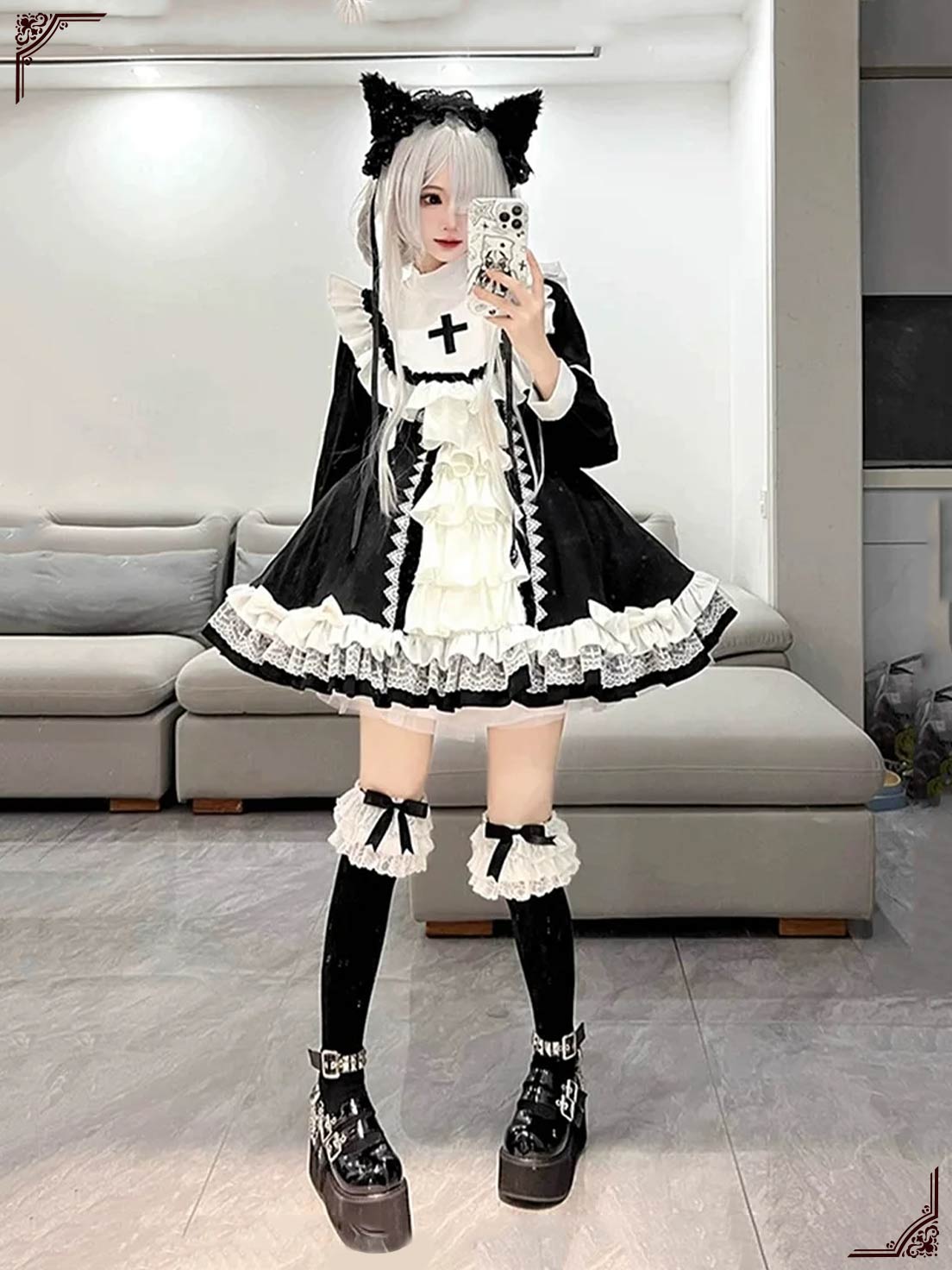 Gothic Lolita OP Dress Black and White Mini Dress Maid Outfit
