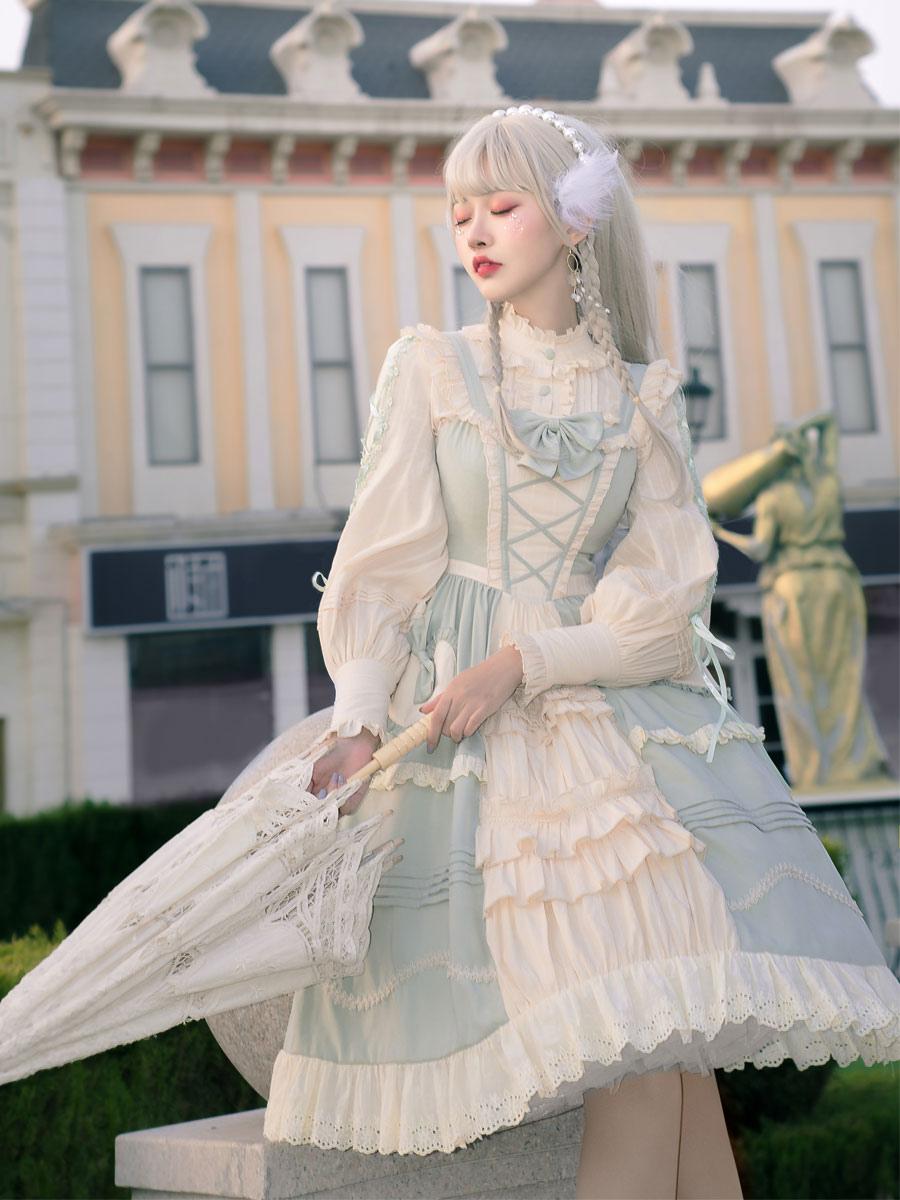 Sweet Lolita Tea Party Fashion Mint Green Country Style Long Sleeve Lolita Outfit