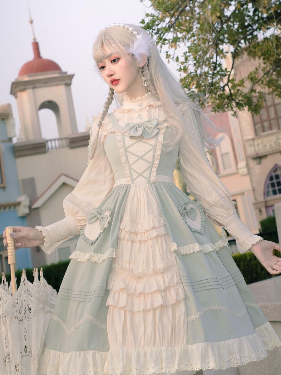Sweet Lolita Tea Party Fashion Mint Green Country Style Long Sleeve Lolita Outfit