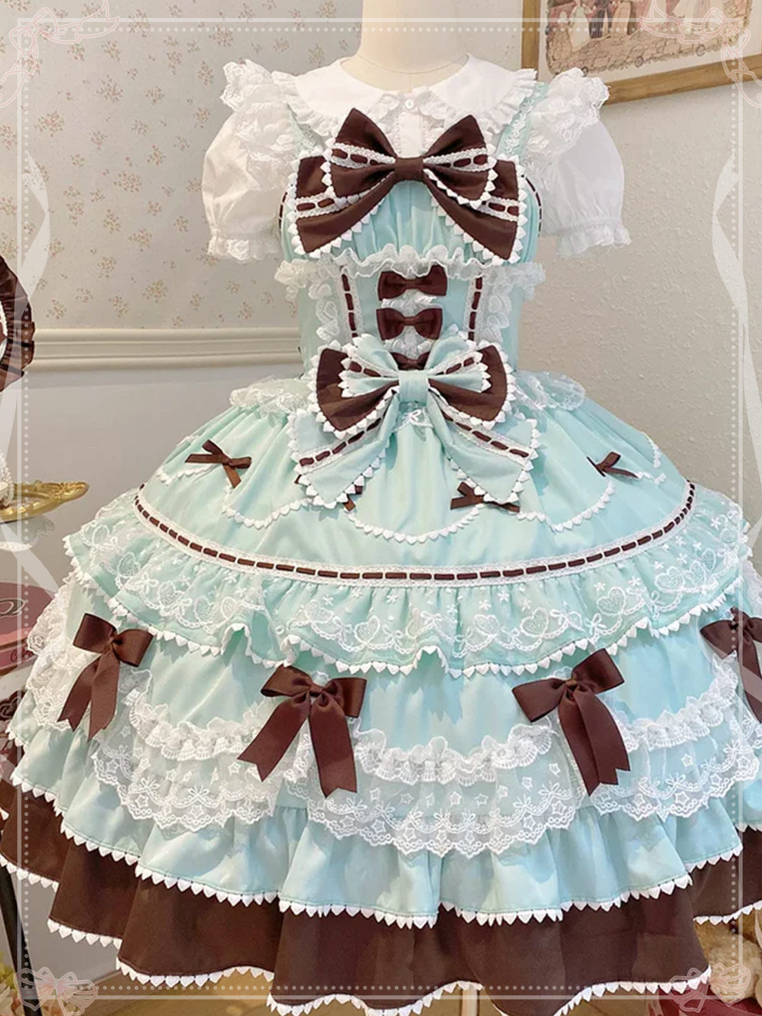 Sweet Hime Lolita Tea Party Fashion Cake Dress Mint Chocolate Bow Layer Lace Trimmed Lolita Dress 