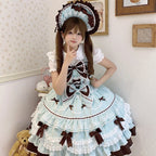 Sweet Hime Lolita Tea Party Fashion Cake Dress Mint Chocolate Bow Layer Lace Trimmed Lolita Dress 