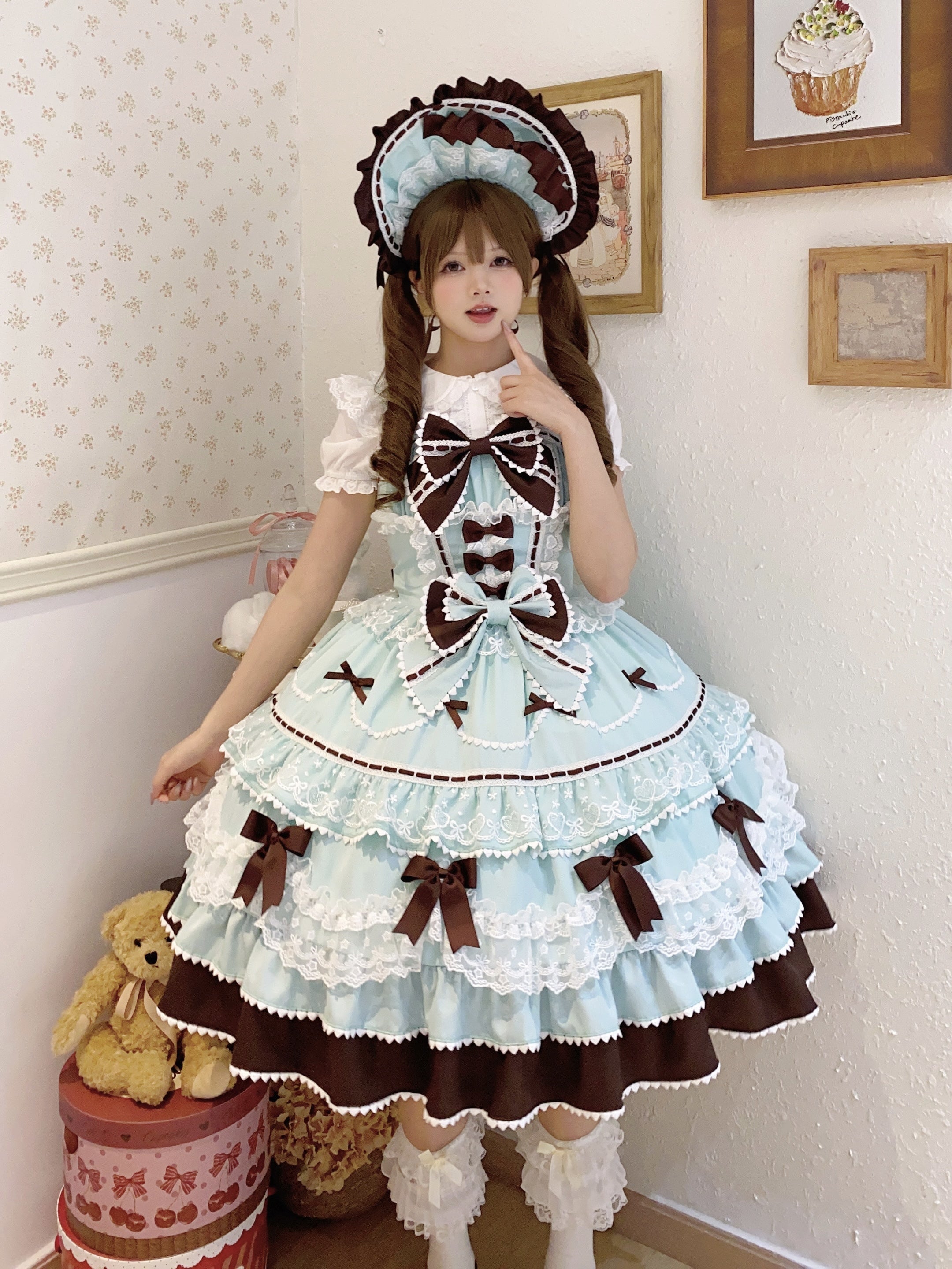 Sweet Hime Lolita Tea Party Fashion Cake Dress Mint Chocolate Bow Layer Lace Trimmed Lolita Dress 