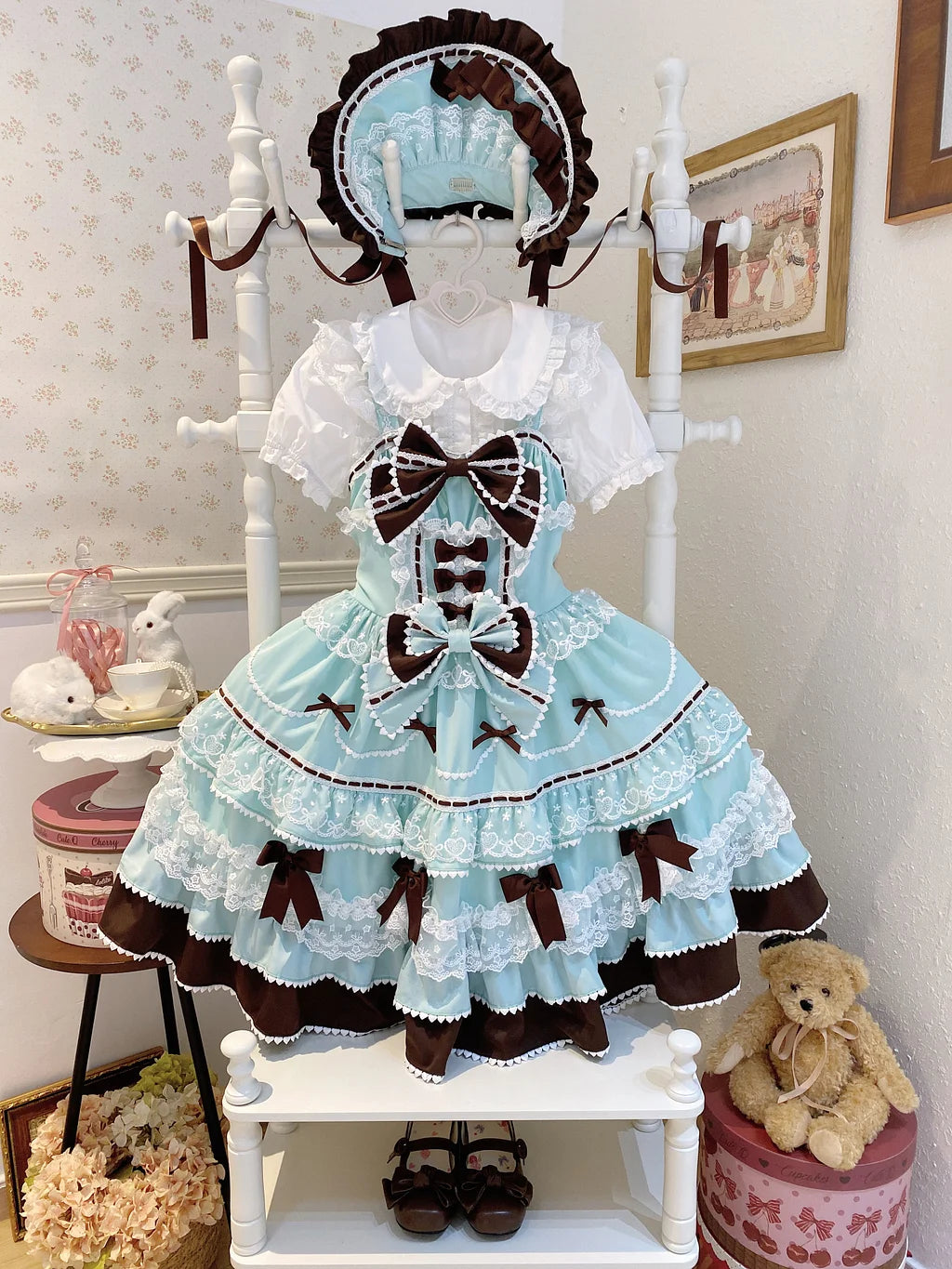 Sweet Hime Lolita Tea Party Fashion Cake Dress Mint Chocolate Bow Layer Lace Trimmed Lolita Dress 