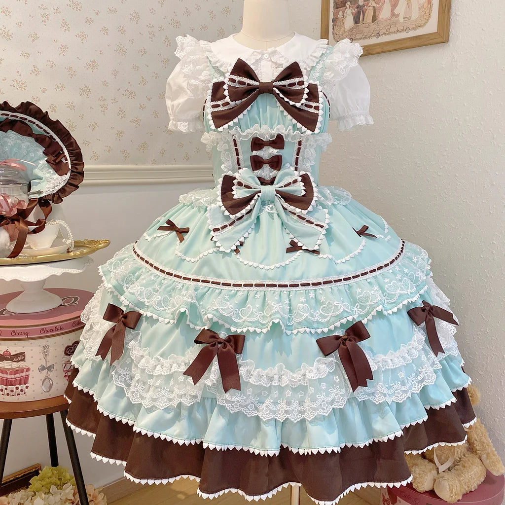 Sweet Hime Lolita Tea Party Fashion Cake Dress Mint Chocolate Bow Layer Lace Trimmed Lolita Dress 