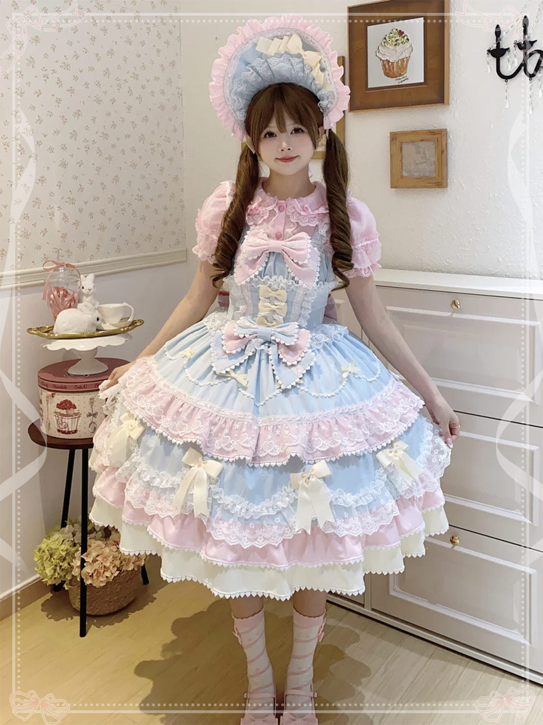 Sweet Hime Lolita Tea Party Fashion Cake Dress Pink Blue Bow Layer Lace Trimmed Lolita Dress 
