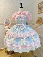 Sweet Hime Lolita Tea Party Fashion Cake Dress Pink Blue Bow Layer Lace Trimmed Lolita Dress 