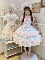 Sweet Hime Lolita Tea Party Fashion Cake Dress Pink Blue Bow Layer Lace Trimmed Lolita Dress 