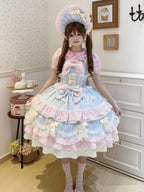 Sweet Hime Lolita Tea Party Fashion Cake Dress Pink Blue Bow Layer Lace Trimmed Lolita Dress 