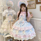 Sweet Hime Lolita Tea Party Fashion Cake Dress Pink Blue Bow Layer Lace Trimmed Lolita Dress 