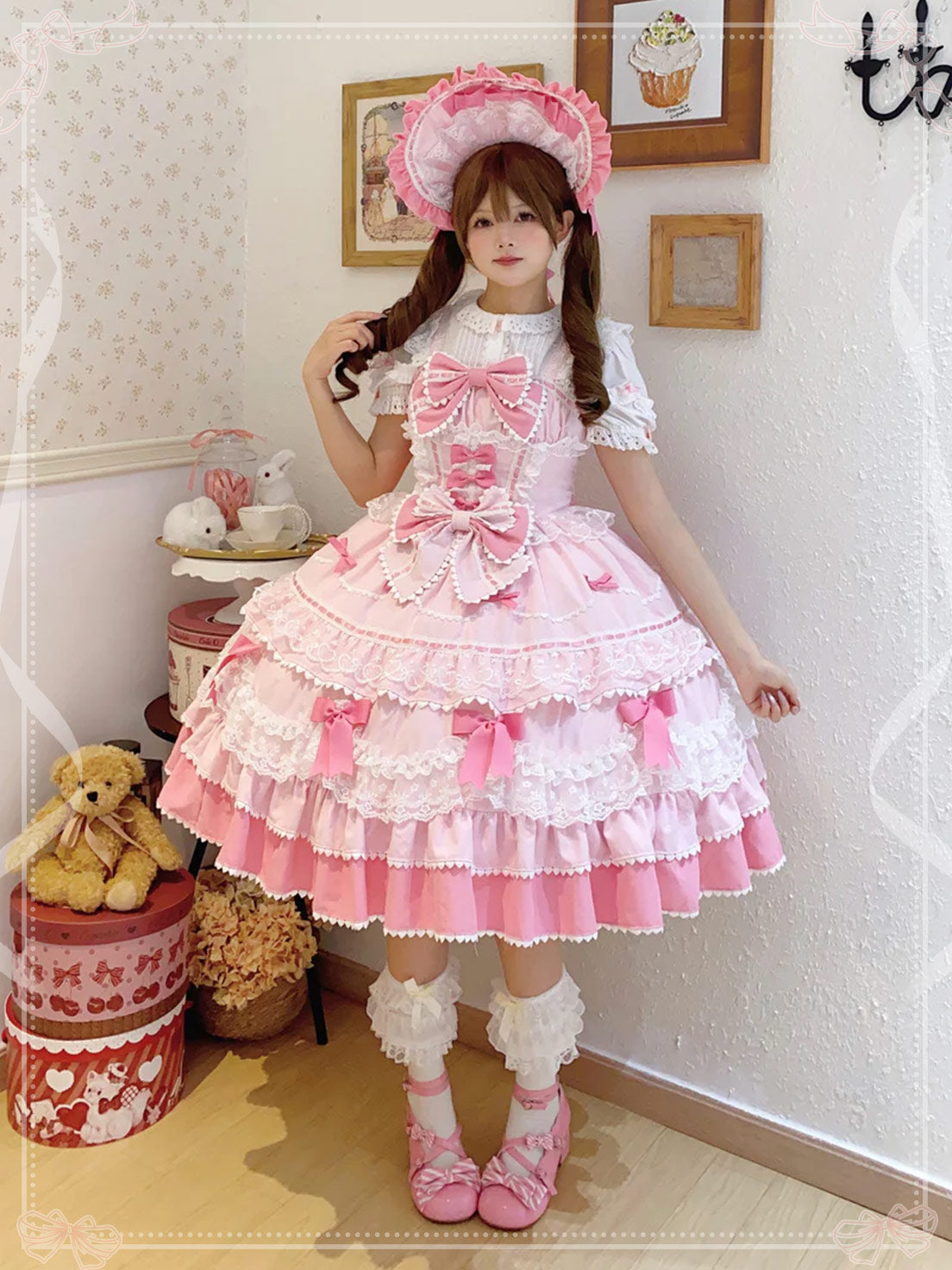 Sweet Hime Lolita Tea Party Fashion Cake Dress Pink Bow Layer Lace Trimmed Lolita Dress 