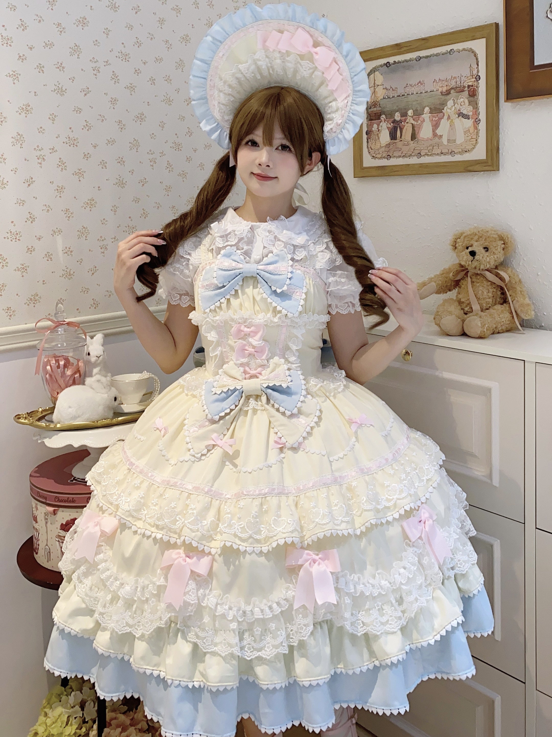 Sweet Hime Lolita Tea Party Fashion Cake Dress Yellow Blue Bow Layer Lace Trimmed Lolita Dress 