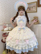 Sweet Hime Lolita Tea Party Fashion Cake Dress Yellow Blue Bow Layer Lace Trimmed Lolita Dress 