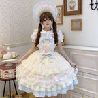 Sweet Hime Lolita Tea Party Fashion Cake Dress Yellow Blue Bow Layer Lace Trimmed Lolita Dress 