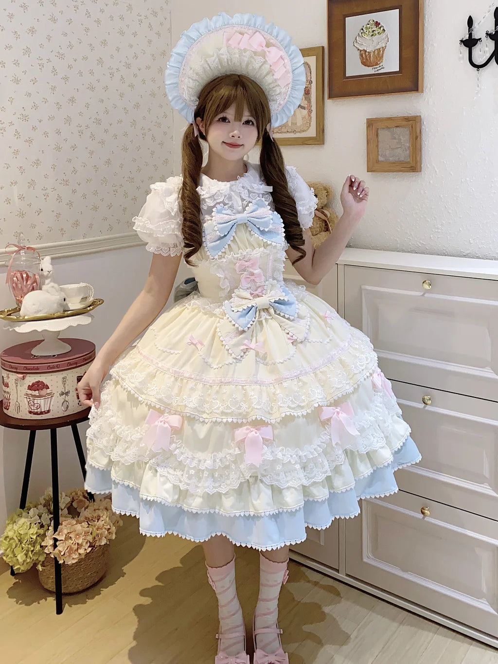 Sweet Hime Lolita Tea Party Fashion Cake Dress Yellow Blue Bow Layer Lace Trimmed Lolita Dress 