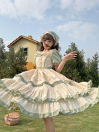 Sweet Lolita Maid Outfit Green Ruffle Short Sleeve Country Style Long Dress