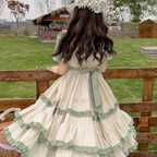 Sweet Lolita Maid Outfit Green Ruffle Short Sleeve Country Style Long Dress