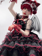 Sweet Lolita Black Red Short Sleeve Layered Ruffle Bridal Bow Lace Plus Size Dress Short Style