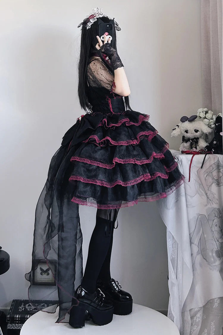Design Concept:

This Sweet Lolita dress combines the romantic charm of a bridal-inspired look with a playful short silhouette. Crafted in dramatic black and red tones, it features short sleeves, layered ruffles, and delicate lace for an elegant yet sweet effect. Oversized bow accents highlight the design, adding a festive, princess-like touch. With a flattering plus-size fit, this dress is perfect for tea parties, cosplay, or Lolita gatherings where elegance meets comfort.