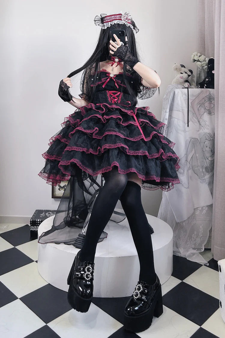 Design Concept:

This Sweet Lolita dress combines the romantic charm of a bridal-inspired look with a playful short silhouette. Crafted in dramatic black and red tones, it features short sleeves, layered ruffles, and delicate lace for an elegant yet sweet effect. Oversized bow accents highlight the design, adding a festive, princess-like touch. With a flattering plus-size fit, this dress is perfect for tea parties, cosplay, or Lolita gatherings where elegance meets comfort.