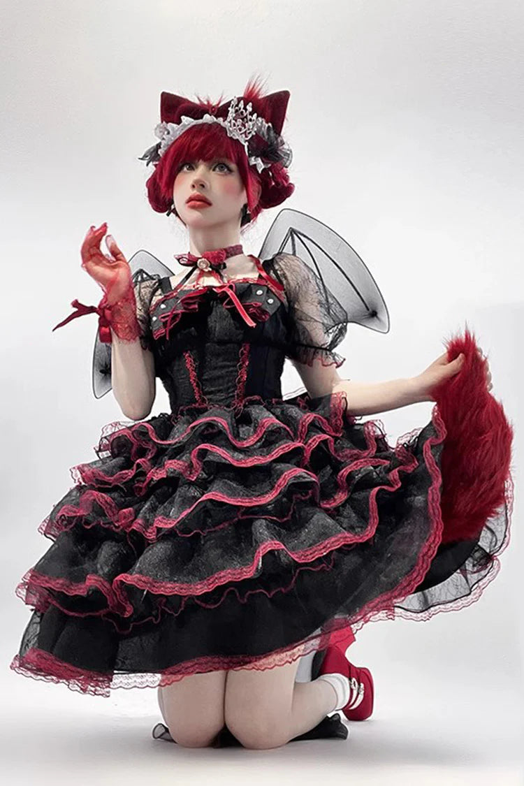 Design Concept:

This Sweet Lolita dress combines the romantic charm of a bridal-inspired look with a playful short silhouette. Crafted in dramatic black and red tones, it features short sleeves, layered ruffles, and delicate lace for an elegant yet sweet effect. Oversized bow accents highlight the design, adding a festive, princess-like touch. With a flattering plus-size fit, this dress is perfect for tea parties, cosplay, or Lolita gatherings where elegance meets comfort.