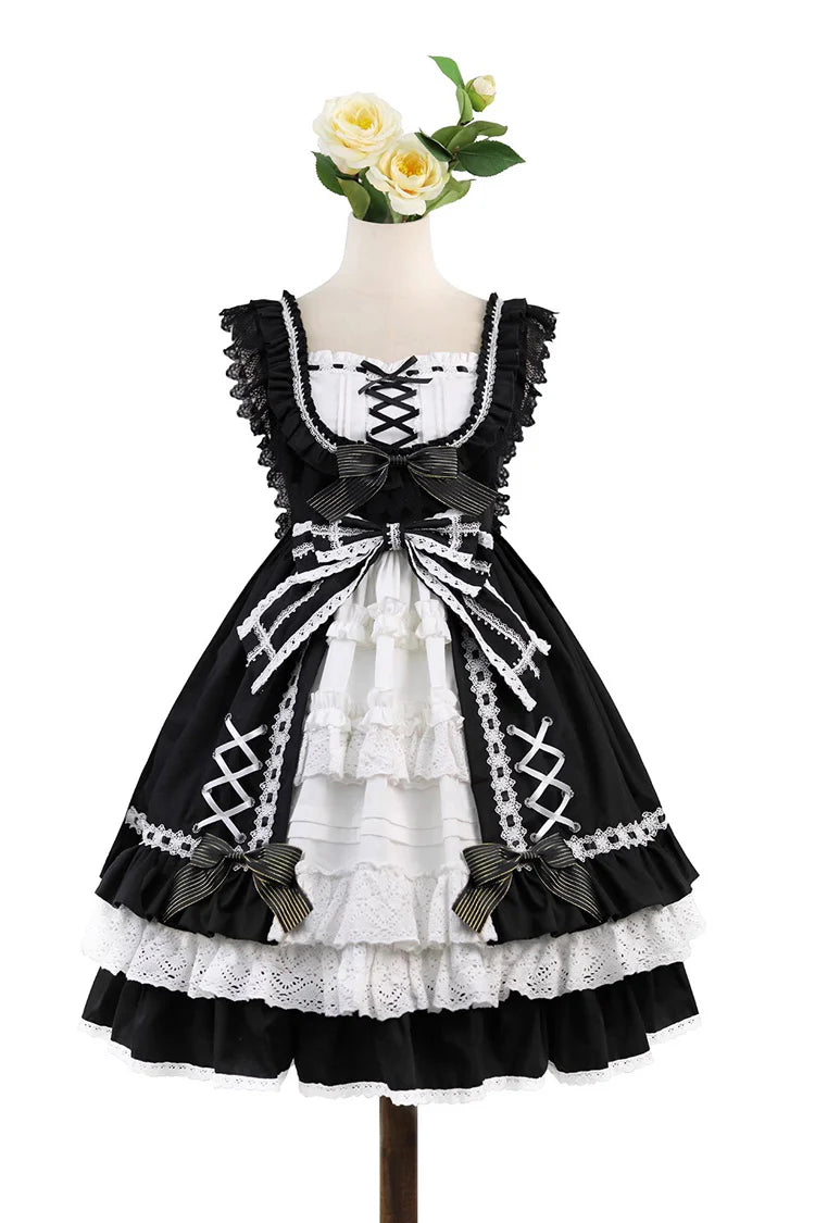 Design Concept:&nbsp;

This Sweet Lolita black and white sleeveless JSK dress features layered ruffles, delicate lace, and bow details, creating a soft and elegant Lolita style. The contrasting colors highlight its sweet yet refined design, making it a versatile choice for various occasions. The product includes one JSK dress.