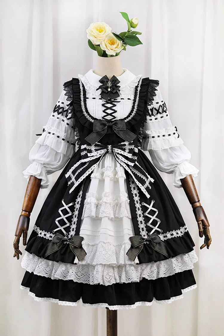 Design Concept:&nbsp;

This Sweet Lolita black and white sleeveless JSK dress features layered ruffles, delicate lace, and bow details, creating a soft and elegant Lolita style. The contrasting colors highlight its sweet yet refined design, making it a versatile choice for various occasions. The product includes one JSK dress.