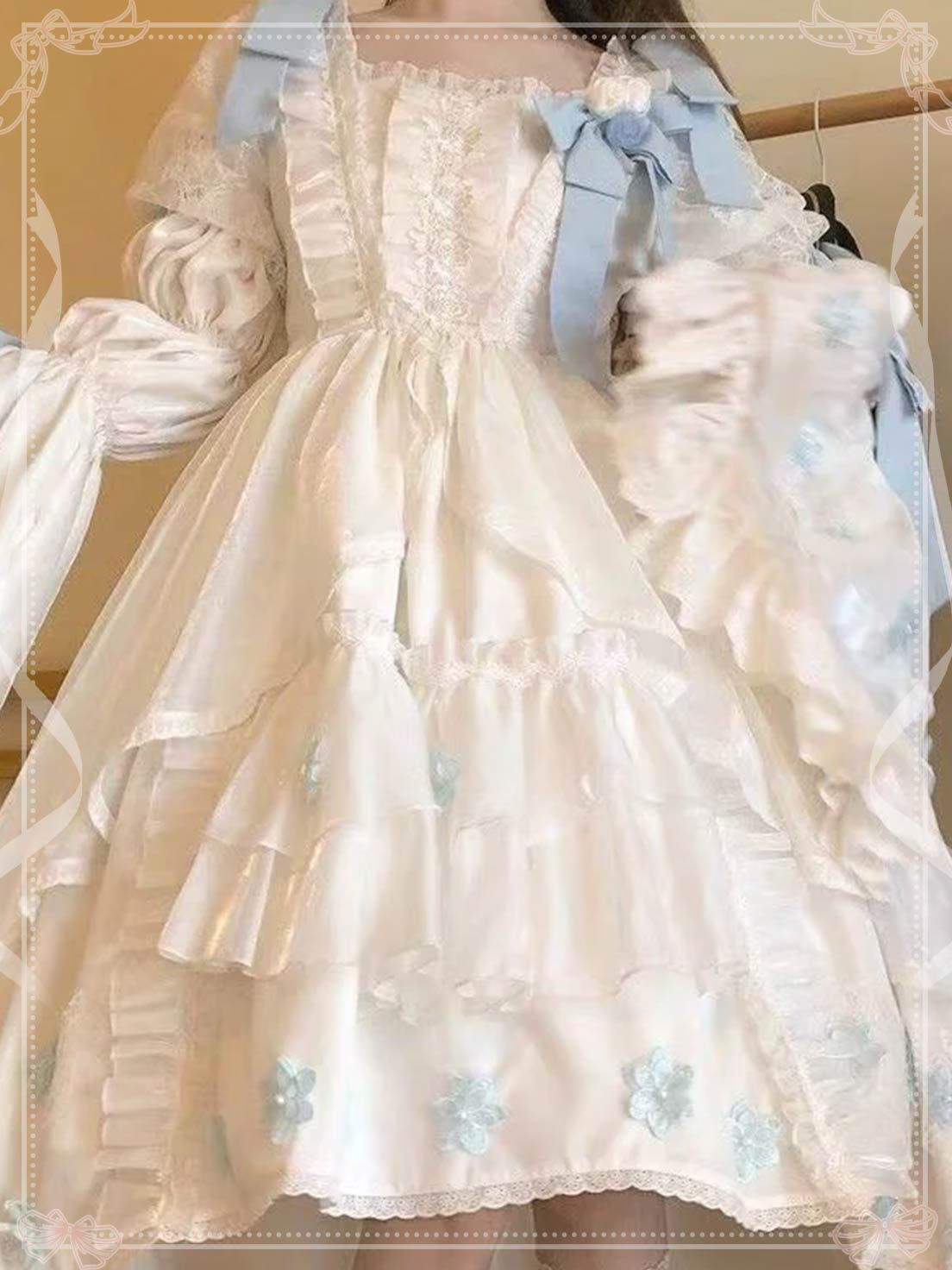 Sweet Lolita Blue and White Bow Long Sleeves Cute Princess Dress