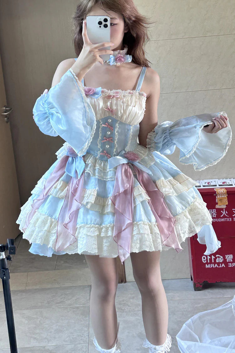 Design Concept:&nbsp;

Embody the essence of a fairy-tale princess with this complete and exquisite Sweet Lolita coordinate set. The beautiful blue JSK dress is crafted with a sweet and romantic silhouette, featuring elegant multi-layered ruffles and delicate lace trim for a truly enchanting look. This set is designed for a complete head-to-toe transformation. It includes not only the stunning dress but also a matching choker necklace and an ornate brooch, adding layers of refined detail. The crowning glory