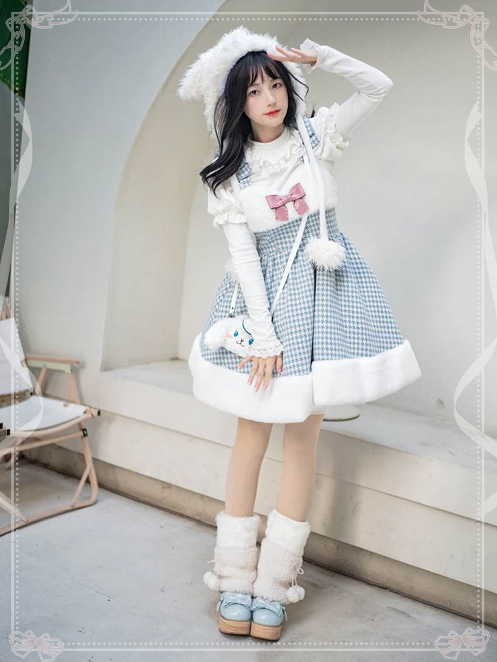 Sweet Lolita Blue Houndstooth Woolen Plush Dress Autumn JSK