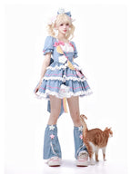 Sweet Lolita Blue Layer Cake Dress Pleats Trimmed Denim Patchwork Dress Summer